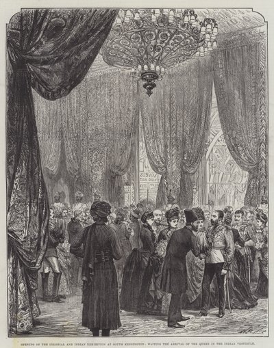Opening van de Koloniale en Indiase Tentoonstelling in South Kensington, wachtend op de aankomst van de koningin in de Indiase vestibule door English School