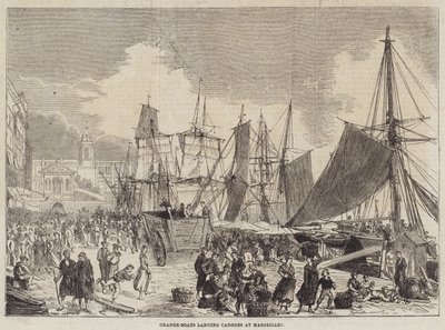 Sinaasappelboten lossen ladingen in Marseille (gravure) door English School