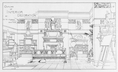 Schets van Interieurdecoratie, ontwerp door E. W. Godwin, illustratie uit The British Architect, 1 juli 1881 door English School