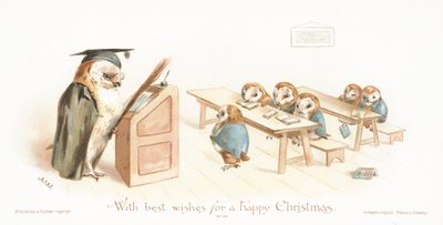 Uil die Uilskuikens lesgeeft in klaslokaal! Kerstkaart door English School