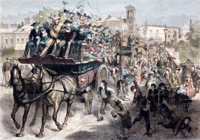 Volgepakte koetsen die Londenaren meenemen voor een dagje uit op het platteland in Victoriaanse tijden (gekleurde gravure) door English School