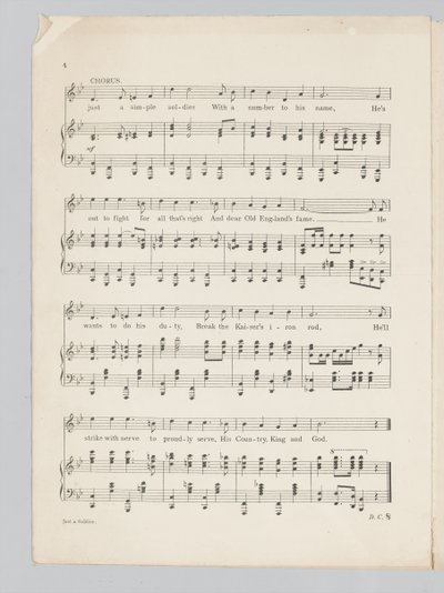 Pagina 4 van een muziekpartituur voor het lied Just a Soldier door English School