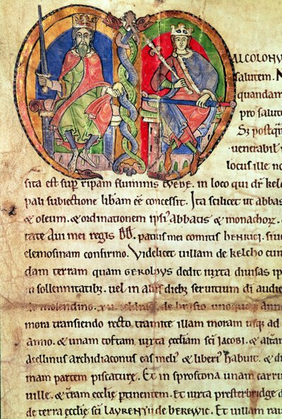 Pagina uit het charter van Kelso Abbey met een verlichte initiaal die koning David I (1084-1153) en zijn kleinzoon Malcolm IV (1141-65) afbeeldt 1159 door English School