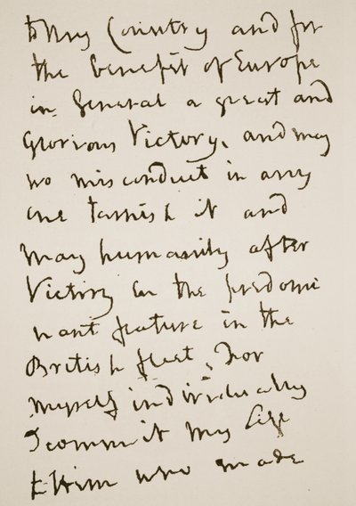 Pagina van een brief geschreven door Nelson vlak voor de Slag bij Trafalgar, maandag 21 oktober 1805 door English School