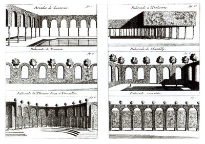 Palisadeontwerpen, uit Theory and Practice of Gardening, door Antoine-Joseph Dezallier DArganville (1680-1765), gepubliceerd c.1709 door English School