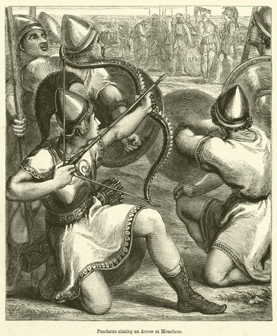 Pandarus richt een pijl op Menelaus (gravure) door English School