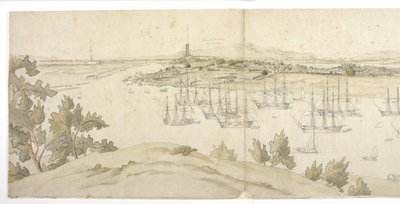 Panorama (linkerhelft) van Whampoa vanaf Dane Island, met Britse en Amerikaanse schepen in de ankerplaats door English School