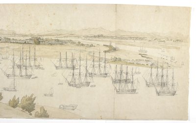 Panorama (rechterhelft) van Whampoa vanaf Dane Island, met Britse en Amerikaanse schepen in de ankerplaats door English School