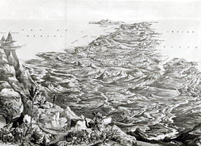 Panoramisch uitzicht op India vanaf de Himalaya-bergen, ontworpen door T. Packer, 1857 door English School