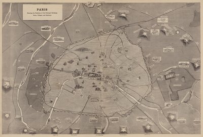 Parijs, met de Posities van de Belangrijkste Gebouwen, Forten, Dorpen en Spoorwegen (gravure) door English School