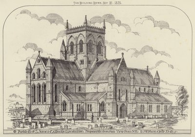 Parochiekerk van S James, Great Grimsby, Lincolnshire, voorgestelde restauratie, uitzicht vanuit het noordoosten door English School