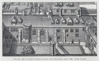Deel van Corpus Christi College, vanuit het noorden, circa 1688, naar Loggan (gravure) door English School