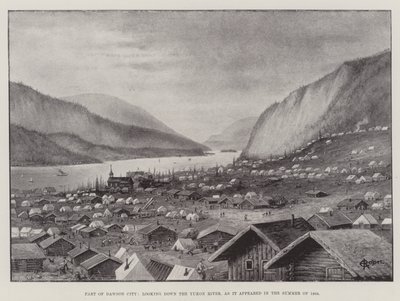Een deel van Dawson City, uitkijkend over de Yukon-rivier, zoals het eruitzag in de zomer van 1898 door English School