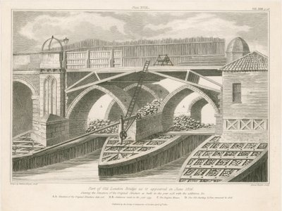 Deel van de oude London Bridge zoals het verscheen in juni 1826 door English School