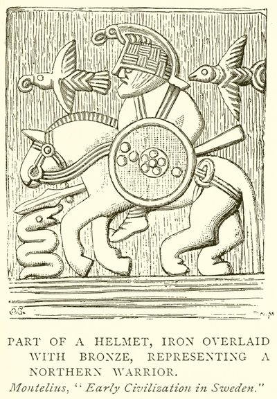 Deel van een helm, ijzer bedekt met brons, voorstellende een noordelijke krijger (gravure) door English School