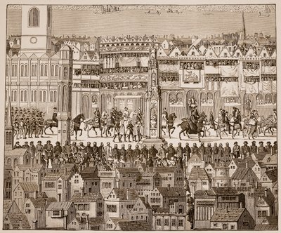 Deel van de kroningsprocessie van Edward VI, 1547, naar een 16e-eeuwse aquarel door English School