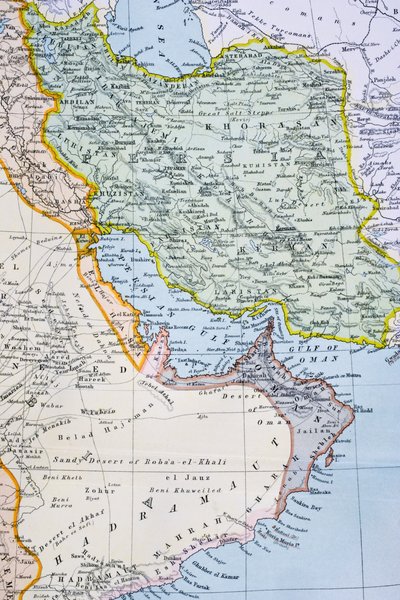 Gedeeltelijke kaart van het Midden-Oosten met de Rode Zee, Perzische Golf en Hoorn van Afrika in de jaren 1890, uit 