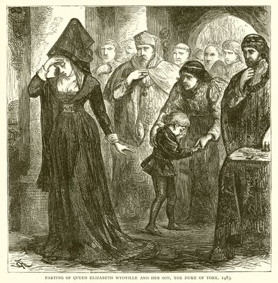 Afscheid van koningin Elizabeth Wydville en haar zoon, de hertog van York, 1483 door English School