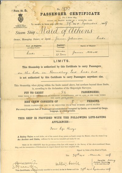 Passagierscertificaat voor stoomschip The Maid of Athens door English School