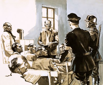 Pastor Dietrich Bonhoeffer spreekt zich uit tegen Hitlers nazi-partij (gouache op papier) door English School