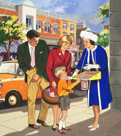 Mensen die je ziet: De Vlaggenverkoper (gouache op papier) door English School