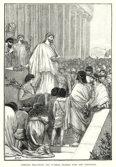 Pericles spreekt de begrafenisrede uit over de Atheners (gravure) door English School