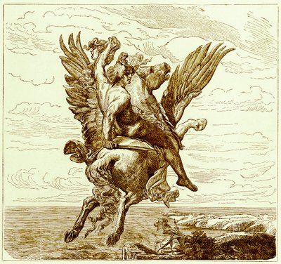 Perseus op het gevleugelde paard Pegasus, met het hoofd van Medusa, illustratie uit De Geïllustreerde Geschiedenis van de Wereld, gepubliceerd ca. 1880 door English School