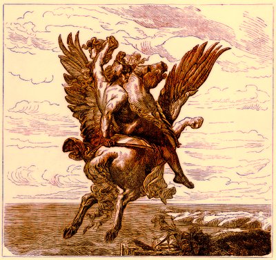 Perseus op het gevleugelde paard Pegasus, met het hoofd van Medusa, illustratie uit De Geïllustreerde Geschiedenis van de Wereld, gepubliceerd ca. 1880 door English School