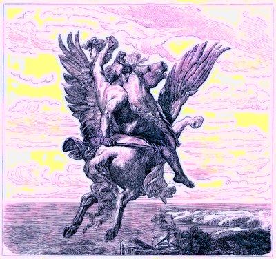 Perseus op het gevleugelde paard Pegasus, met het hoofd van Medusa, illustratie uit De Geïllustreerde Geschiedenis van de Wereld, gepubliceerd ca. 1880 door English School