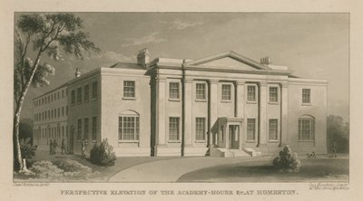 Perspectivische elevatie van het Academiehuis in Homerton door English School