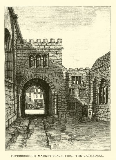 Peterborough Marktplaats, vanaf de Kathedraal door English School