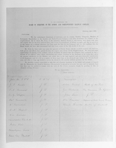 Verzoekschrift aan de directeuren van de London and North-Western Railway Company namens een werknemer ontslagen vanwege slechtziendheid, 1861 door English School