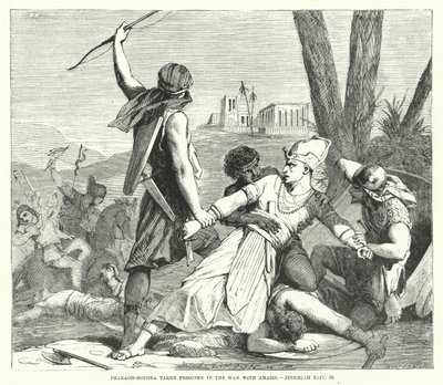 Farao-Hophra gevangen genomen in de oorlog met Amasis, Jeremia XLIV, 30 (gravure) door English School