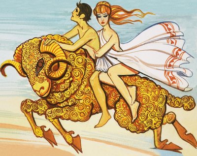 Phrixus en Helle worden gered door een vliegende ram met een gouden vacht door English School