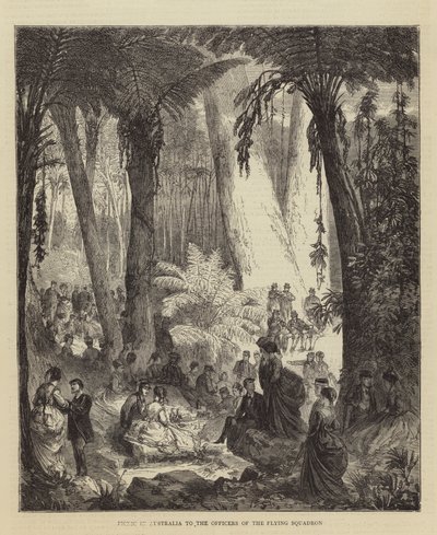 Picknick in Australië voor de officieren van het vliegende squadron (gravure) door English School