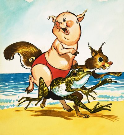 Varken, kikker en eekhoorn op het strand door English School