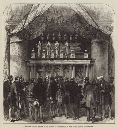 Pelgrims bij het Heiligdom van St Edmund van Canterbury, in de Abdijkerk van Pontigny door English School
