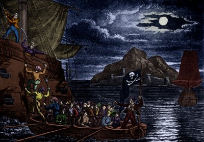 Piraten enteren een Spaans schip, West-Indië, illustratie uit 