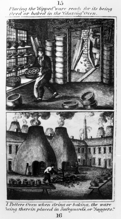 Het plaatsen van het gedompelde aardewerk in de glazuuroven, 1827 door English School