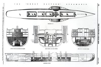 Plan en doorsneden van het stoomschip Great Eastern, 1857 door English School