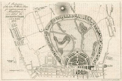 Plan voor verbeteringen in Marylebone, Londen, nu genaamd Regents Park, gemaakt in het jaar 1809 door English School