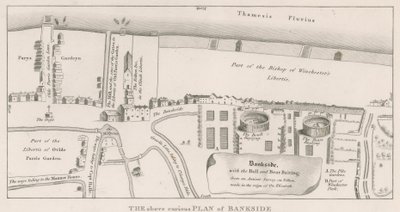 Plattegrond van Bankside aan de rivier de Theems gebaseerd op een oude kaart uit de regeerperiode van koningin Elizabeth, met de Bull and Bear Baiting door English School