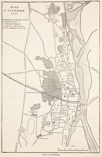 Plan van Cawnpore 1857, uit Cassells Geïllustreerde Geschiedenis van Engeland door English School