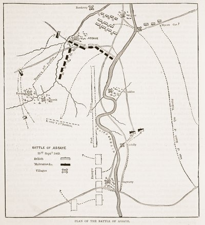 Plan van de Slag bij Assaye, illustratie uit Cassells Geïllustreerde Geschiedenis van India door James Grant, uitgegeven 1879 door English School