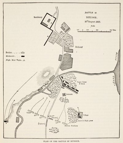 Plan van de Slag bij Bithoor, 16 augustus 1857, uit Cassells Geïllustreerde Geschiedenis van Engeland door English School