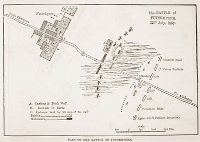 Plan van de Slag bij Futtehpore, 12 juli 1857, uit Cassells Geïllustreerde Geschiedenis van Engeland door English School