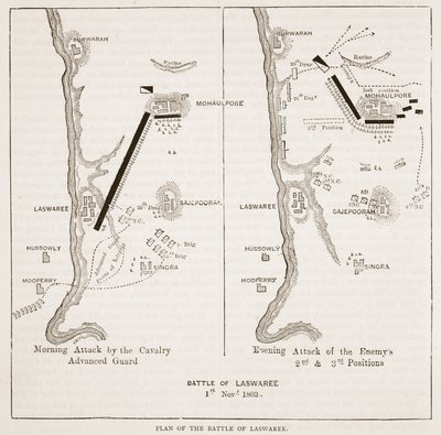 Plan van de Slag bij Laswaree, illustratie uit Cassells Geïllustreerde Geschiedenis van India door James Grant, uitgegeven 1879 door English School