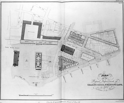 Plan van de voorgestelde verbeteringen bij Charing Cross, St. Martins Lane en ingang naar de Strand, gegraveerd door James Basire, 1826 door English School