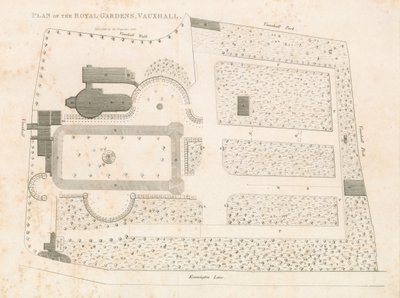 Plan van de Koninklijke Tuinen, Vauxhall, Londen door English School