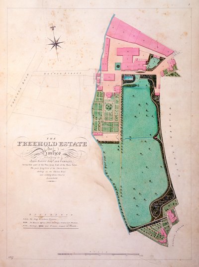 Plan van de Stag Brouwerij en landgoed, originele manuscripttekening van de kantoren van George Saunders, ca. 1807 door English School
